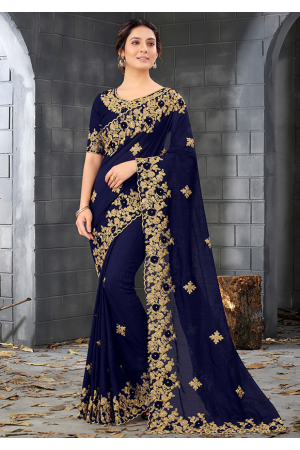 Navy Blue Silk Floral Printed Saree | Leemboodi