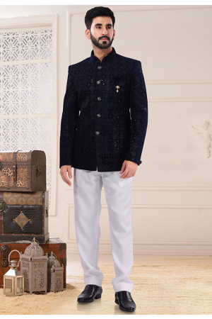 Navy Blue Jacquard Jodhpuri Suit