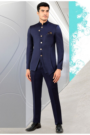 Navy Blue Terry Rayon Men Jodhpuri Suit
