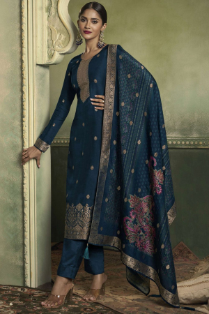 Navy Blue Viscose Jacquard Party Wear Readymade Suit