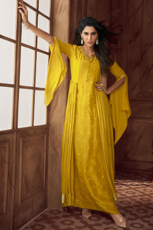 Golden Embroidered Georgette Gown with Dupatta