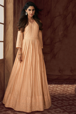 Peach Embroidered Georgette Gown with Dupatta
