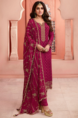 Nidhi Shah Magenta Embroidered Dola Jacquard Suit