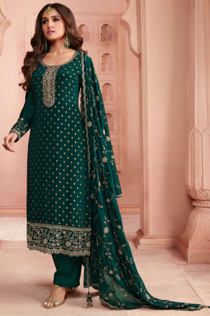 Nidhi Shah Peacock Green Embroidered Dola Jacquard Suit