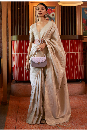 Cream Woven Tussar Handloom Silk Saree