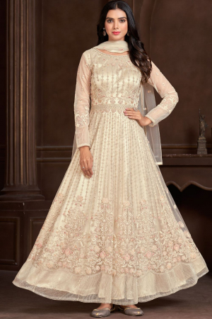 Off White Designer Embroidered Anarkali Suit