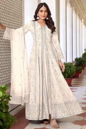 Off White Embroidered Faux Georgette Pant Kameez