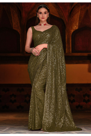 Olive Green Sequined Georgette Saree