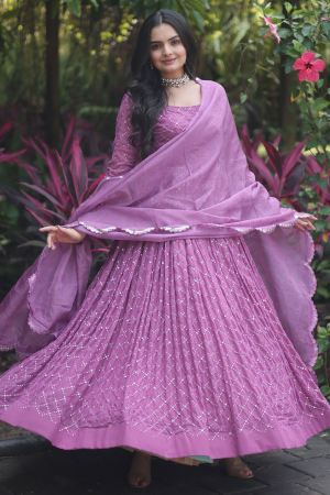 Onion Pink Sequined Anarkali Gown with Dupatta