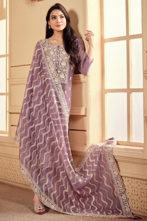 Orchid Purple Organza Embroidered Designer Suit