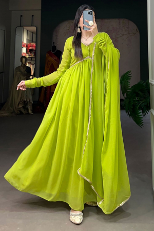 Parrot Green Georgette Gown with Dupatta
