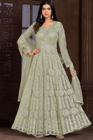 Pastel Green Designer Embroidered Anarkali Suit