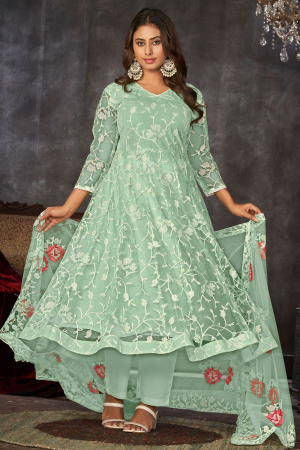 Pastel Green Embroidered Net Anarkali Dress for Festival