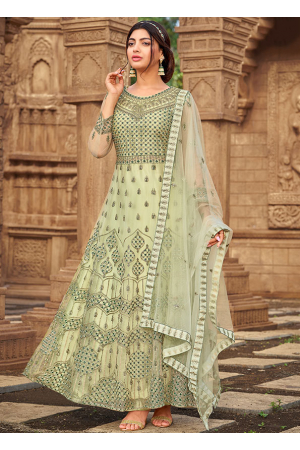 Pastel Green Embroidered Net Anarkali Suit