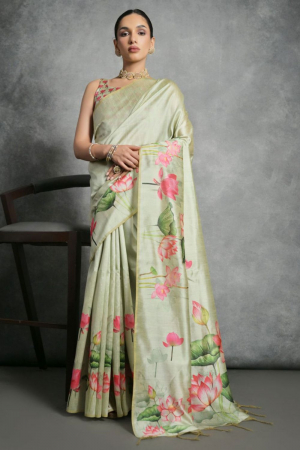 Pastel Green Printed Tussar Silk Saree