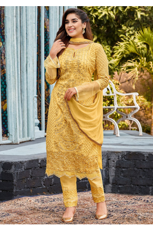 Pastel Yellow Embroidered Faux Georgette Pant Kameez