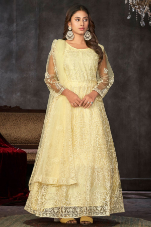 Pastel Yellow Embroidered Net Anarkali Dress for Festival