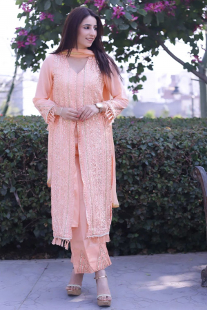 Peach Embroidered Faux Georgette Trouser Kameez
