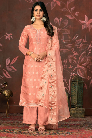 Peach Woven Hand Work Readymade Suit