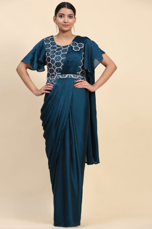 Peacock Blue Designer Ready To Wear Saree
