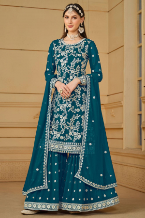 Peacock Blue Embroidered Faux Georgette Sarara Kameez