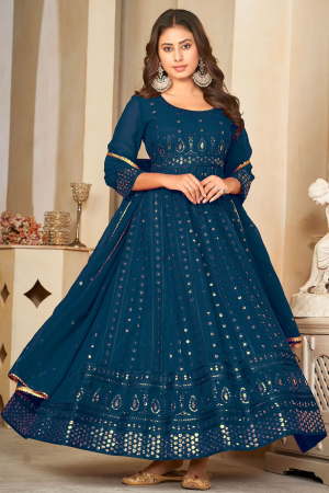 Peacock Blue Embroidered Georgette Anarkali Suit for Festival