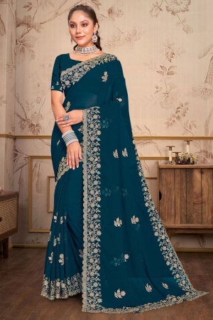 Peacock Blue Embroidered Georgette Saree