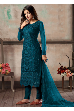 Peacock Blue Embroidered Net Pant Kameez