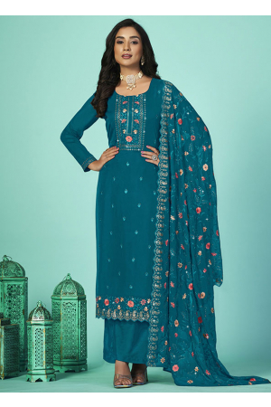 Peacock Blue Embroidered Organza Palazzo Kameez