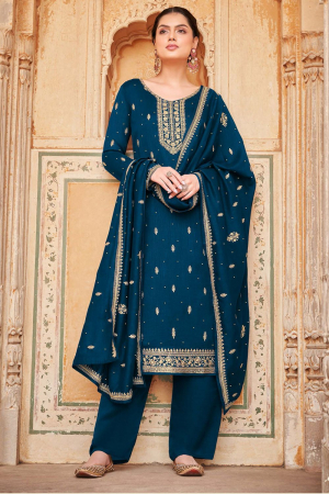 Peacock Blue Embroidered Silk Trouser Kameez