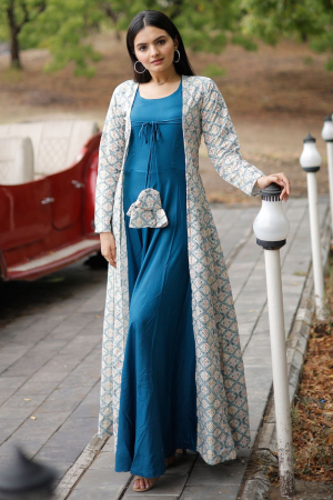 Peacock Blue Rayon Gown with Crochet Work Georgette Shrug