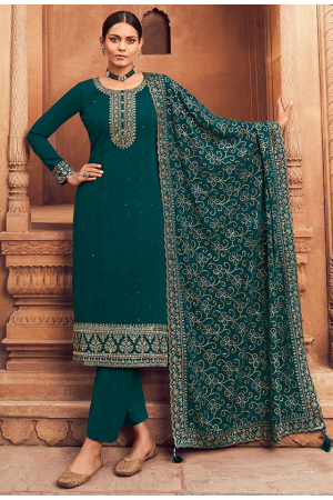 Peacock Green Embroidered Georgette Trouser Kameez