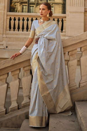 Pearl Grey Handloom Spun Silk Woven Saree