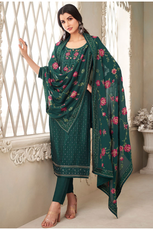 Pine Green Embroidered Chinnon Pant Kameez