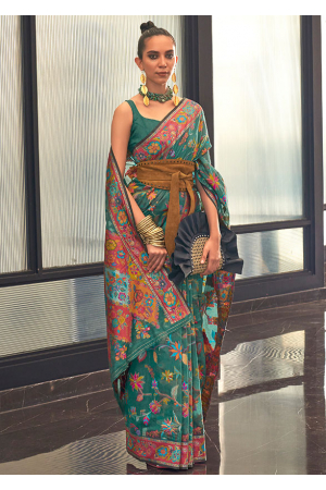 Pine Green Kashmiri Modal Handloom Weaving Saree