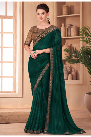 Pine Green Silk Saree with Embroidered Blouse