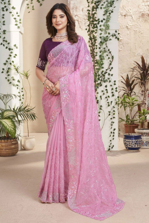 Pink Heavy Embroidered Designer Saree