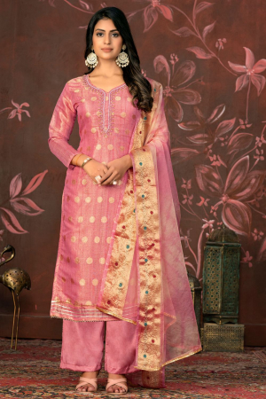 Pink Woven Hand Work Readymade Suit