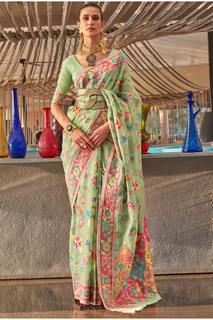 Pistachio Green Kashmiri Modal Handloom Weaving Saree