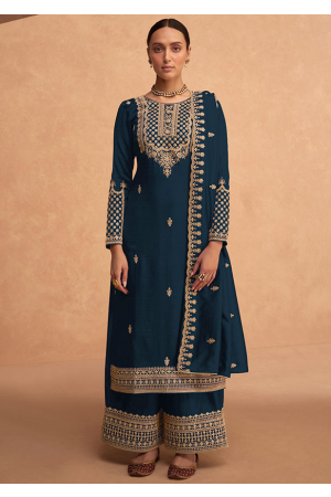 Prussian Blue Embroidered Faux Georgette Palazzo Kameez