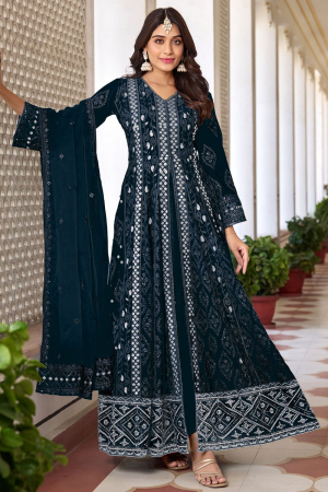 Prussian Blue Embroidered Faux Georgette Pant Kameez