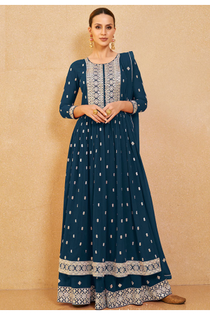 Prussian Blue Embroidered Georgette Palazzo Kameez
