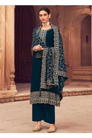 Prussian Blue Embroidered Georgette Trouser Kameez