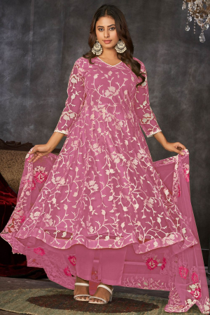 Puce Pink Embroidered Net Anarkali Dress for Party