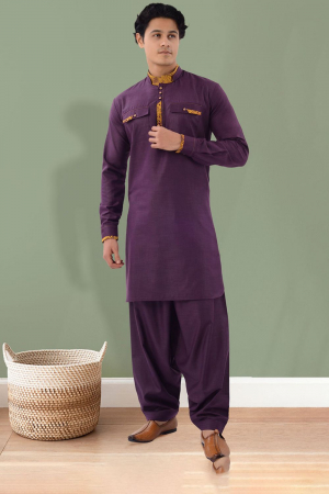 Purple Cotton Pathani Kurta Set