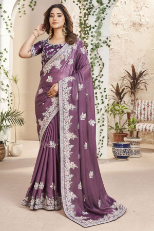 Purple Heavy Embroidered Designer Saree