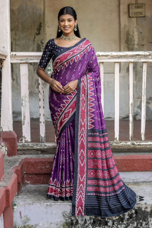 Purple Printed Cotton Silk Saree