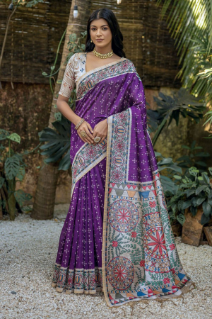Purple Printed Tussar Silk Saree