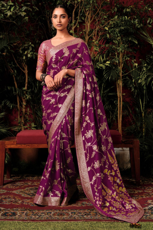 Purple Pure Viscose Dola Silk Zari Woven Saree for Wedding
