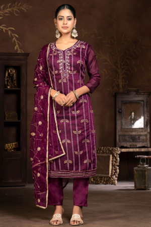 Purple Woven Hand Work Readymade Suit